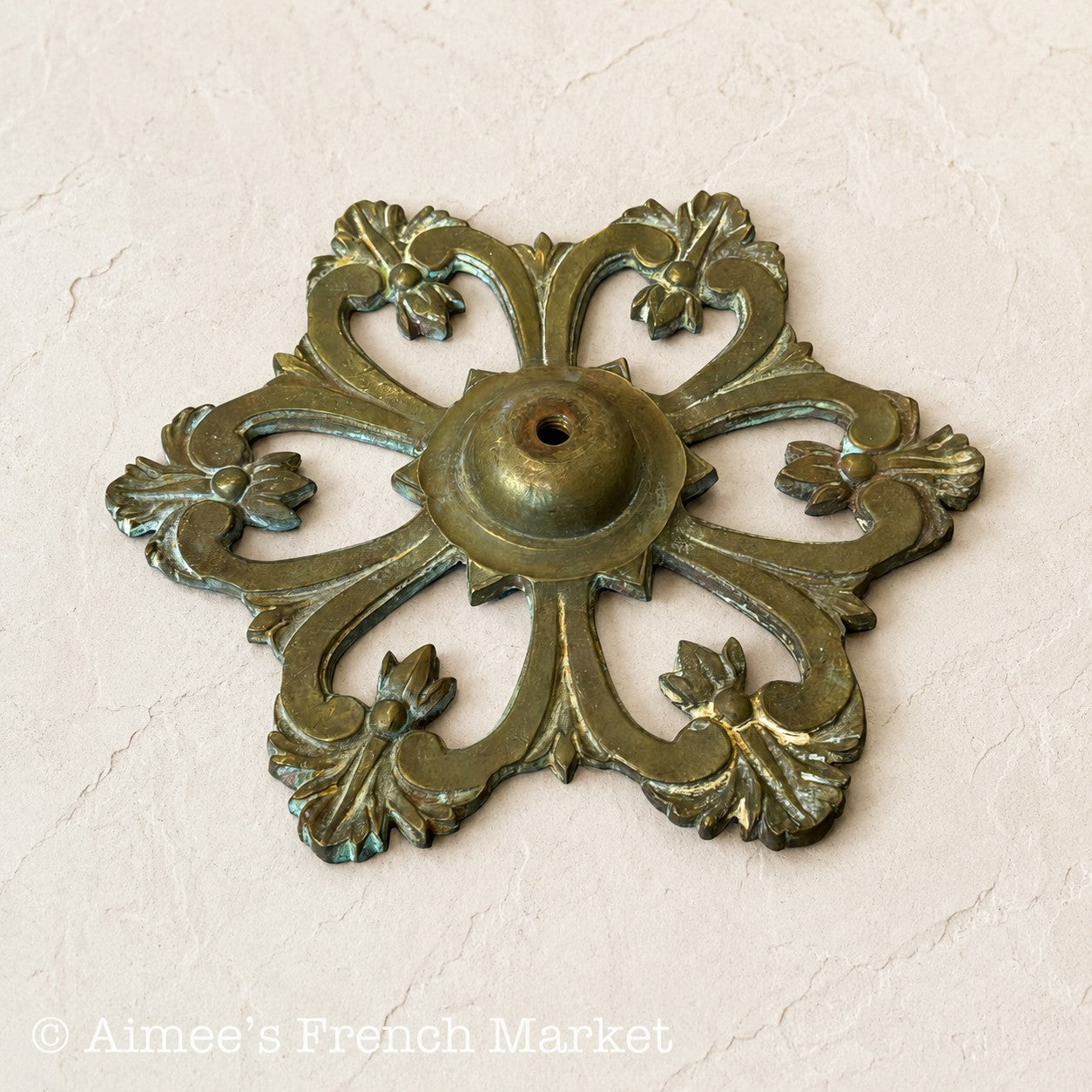 Antique French Brass Ceiling Rose, 7", Louis XV Floral Lighting Hardware, Architectural Salvage, c. 1900