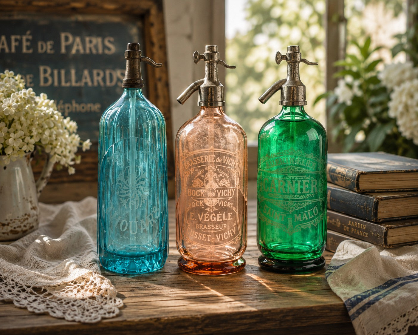 Vintage French Soda Syphon — E. Naudon Thouars — Turquoise Glass Decorative Bottle